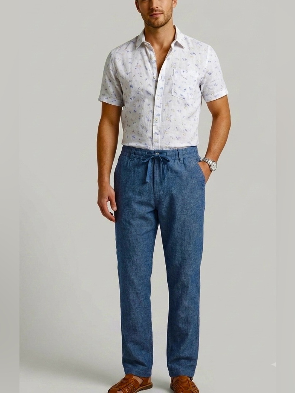 NWT Point Zero Indigo Melange Linen Blend Drawstring Pants Size 38